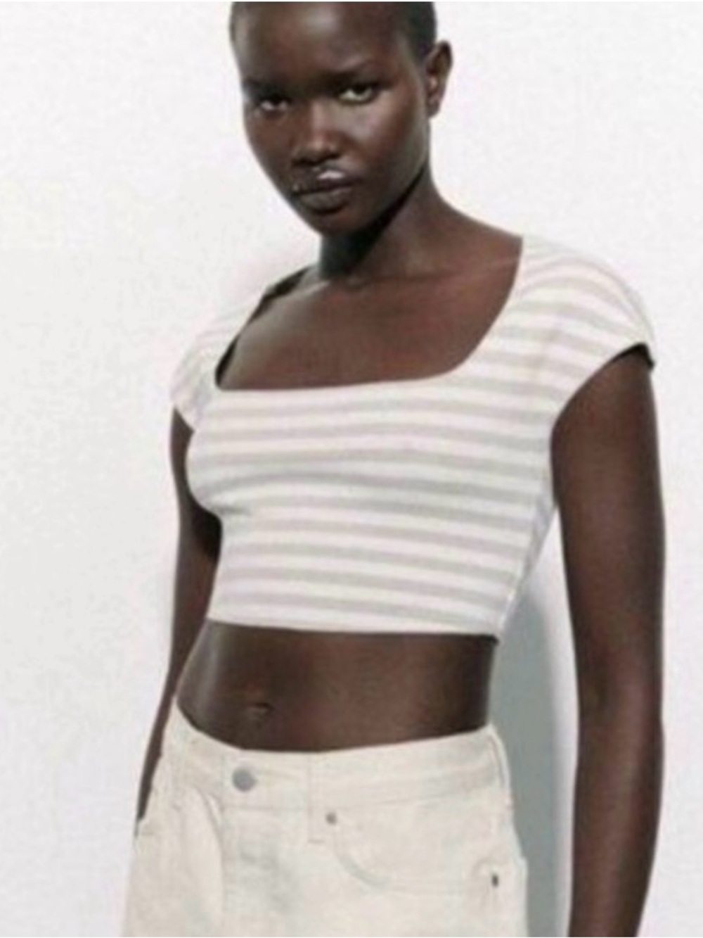 Zara Tan and White Striped Knit Cropped Top Size Small - Picture 4 of 4